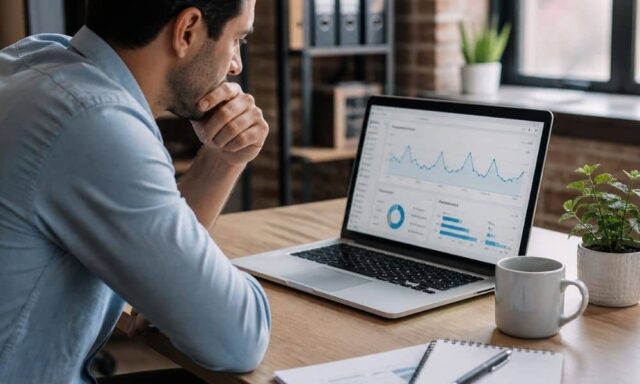 Business owner looking at website analytics showing high traffic but low leads on a laptop