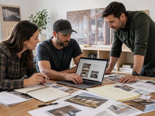 Three designers collaborate around a laptop, reviewing interior design images and notes on a table full of printouts.