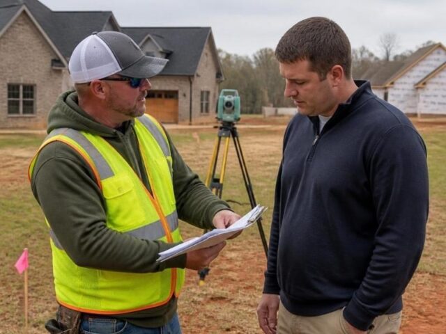 Construction site supervisor in a neon vest and cap reviews plans with a man in a dark pullover; survey equipment in background.