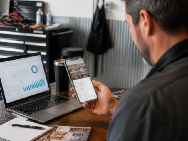 local business owner reviewing a mobile website and customer information to improve service leads in auburn alabama